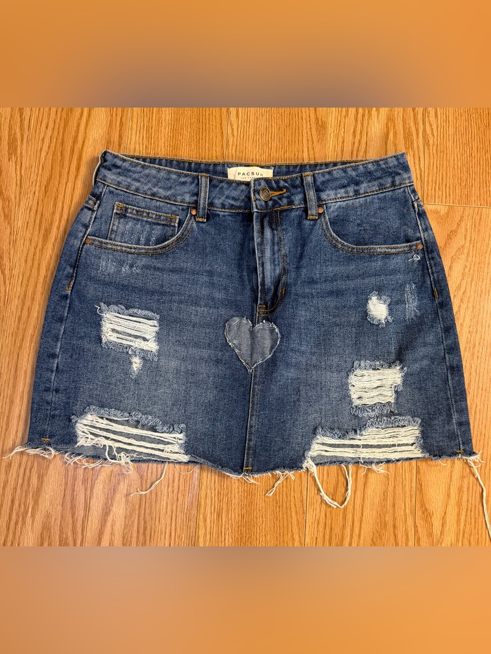 PacSun Light Blue Denim Distressed Mini Skirt with Heart Appliqués size 28